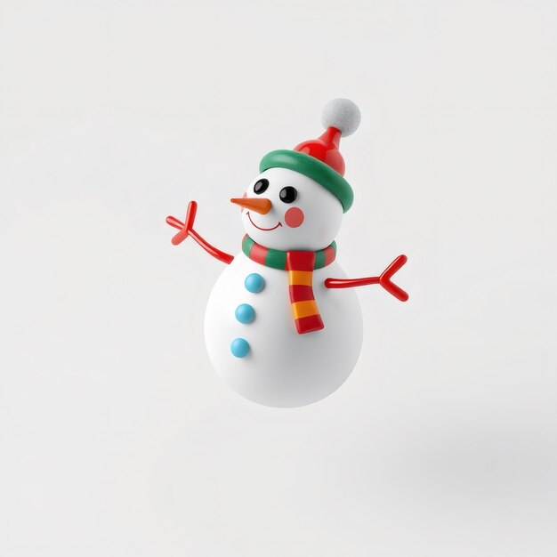 Cheerful snowman wearing a green and red hat and scarf with a carrot nose blue buttons