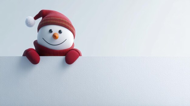 Photo cheerful snowman wearing a red hat and scarf peeks over a blank white surface during the winter holiday season