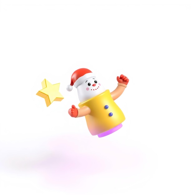 A cheerful snowman wearing a red santa hat and yellow jacket floating and giving a thumbs up