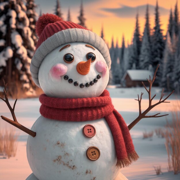 Photo cheerful snowman in winter forest at sunset