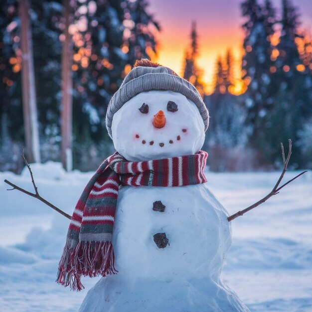 Photo cheerful snowman in winter forest at sunset