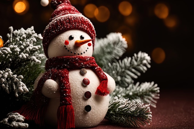 A cheerful snowman with a brilliant red hue The background is decorated for Christmas