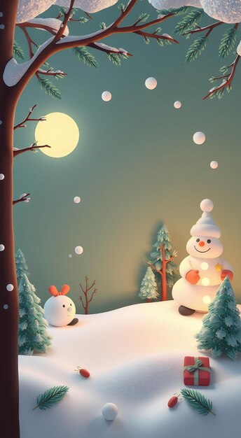 A cheerful snowman with a gift under a full moon in a snowy winter landscape