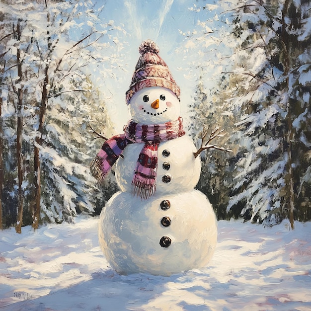 A cheerful snowman with a pink hat and scarf stands in a snowy forest