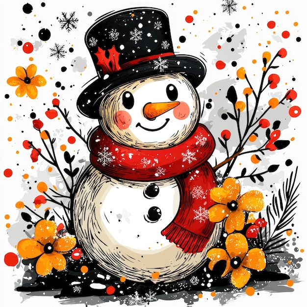 Cheerful Snowman with Red Scarf and Yellow Flowers