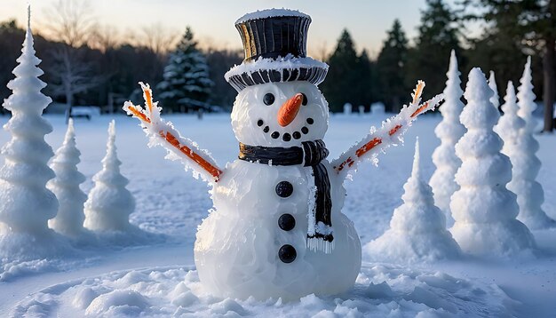 Photo cheerful snowman with snow tree decorations