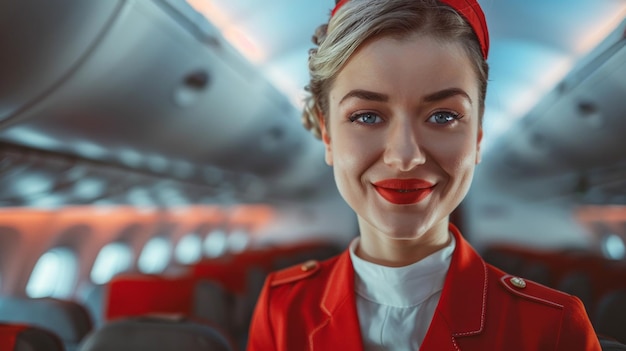 Cheerful stewardess in an elegant uniform inside an airplane