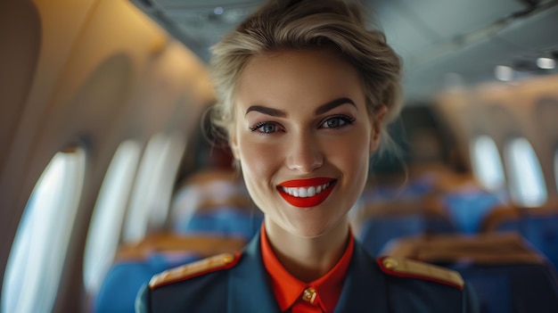 Cheerful stewardess in an elegant uniform inside an airplane