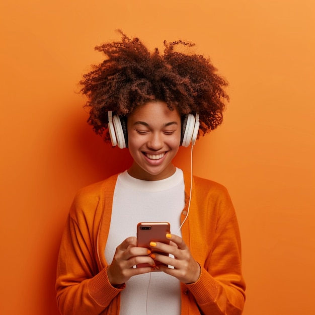 cheerful stilish woman chooses song to listen from her playlist enjoys good sound in headphones