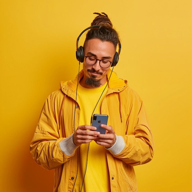 cheerful stilish woman chooses song to listen from her playlist enjoys good sound in headphones