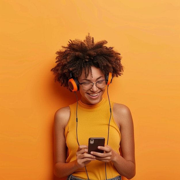 cheerful stilish woman chooses song to listen from her playlist enjoys good sound in headphones