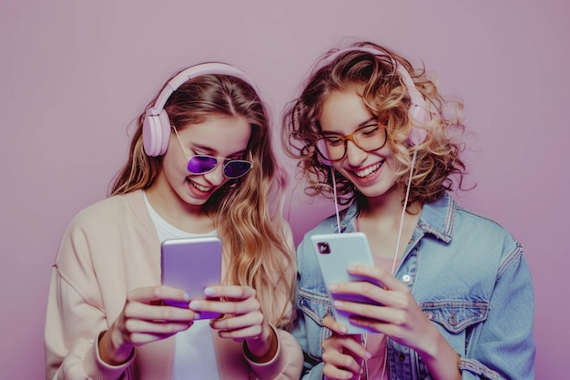 cheerful stilish woman chooses song to listen from her playlist enjoys good sound in headphones