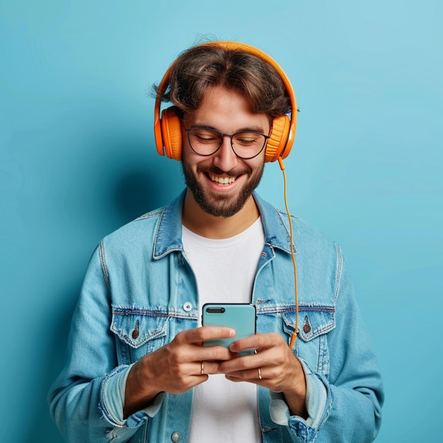 cheerful stilish woman chooses song to listen from her playlist enjoys good sound in headphones