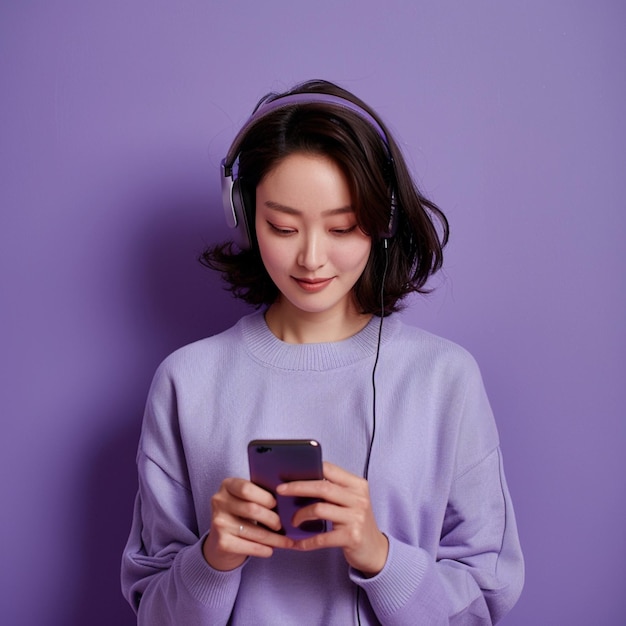 cheerful stilish woman chooses song to listen from her playlist enjoys good sound in headphones