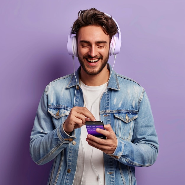 cheerful stilish woman chooses song to listen from her playlist enjoys good sound in headphones