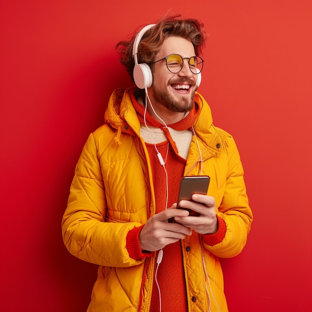 cheerful stilish woman chooses song to listen from her playlist enjoys good sound in headphones