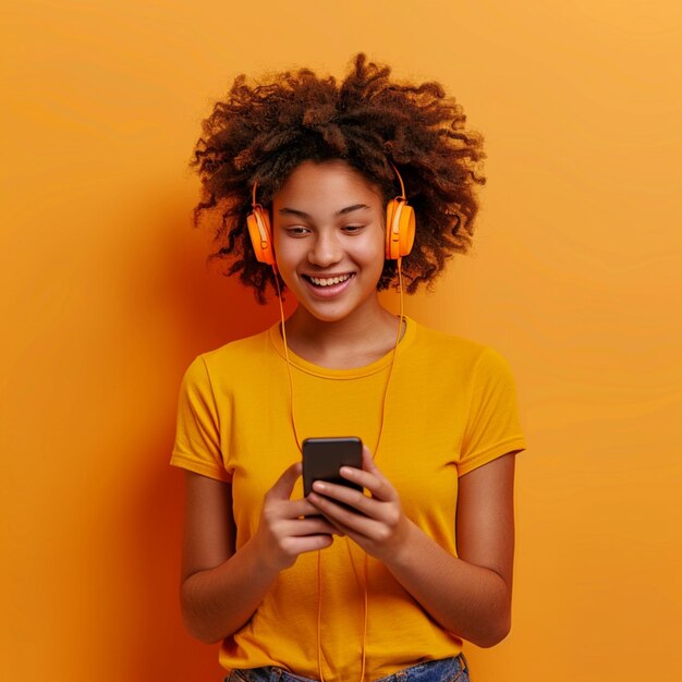 cheerful stilish woman chooses song to listen from her playlist enjoys good sound in headphones