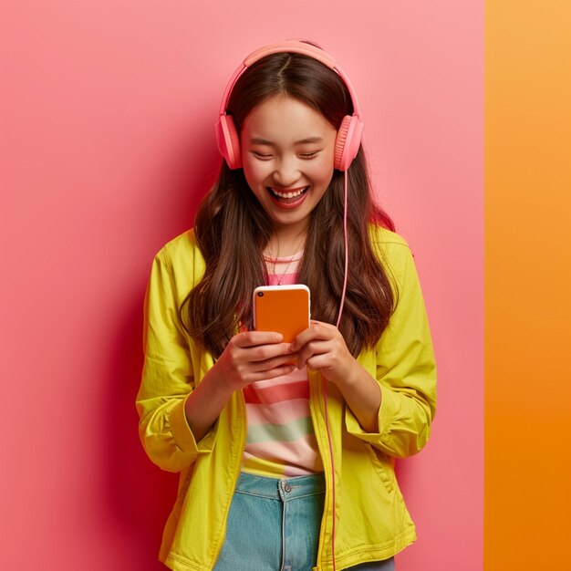 cheerful stilish woman chooses song to listen from her playlist enjoys good sound in headphones