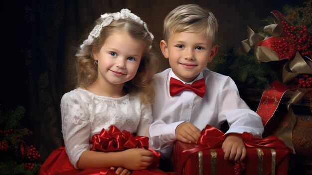 a cheerful and stylish young couple a girl and a boy dressed in fashionable clothes sitting together in a studio the festive spirit of Christmas and New Year with their happy smiling faces