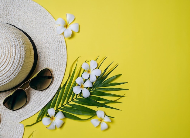 A cheerful summer composition of a single hat sunglasses