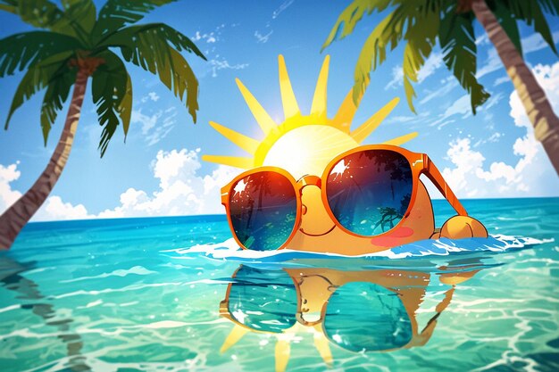 Cheerful sun in sunglasses with the reflection of a tropical island