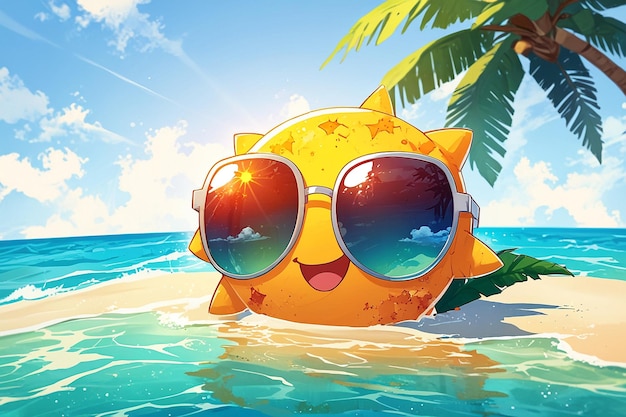 Cheerful sun in sunglasses with the reflection of a tropical island