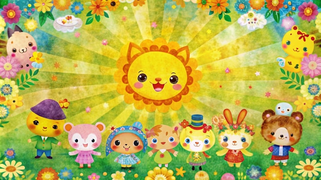 A cheerful sun surrounded by cute cartoon animals in a garden setting