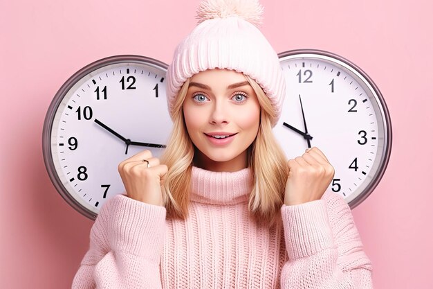 Cheerful surprised young woman on pink background