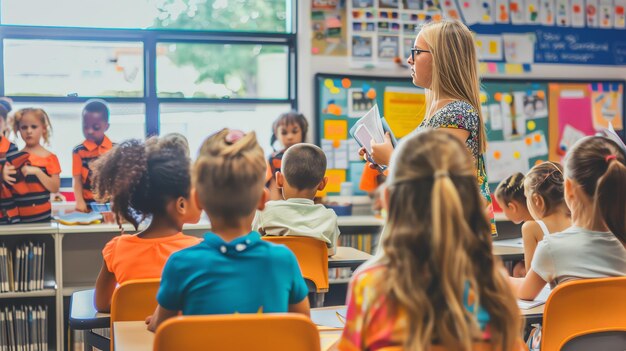 Cheerful teacher in casual clothes standing in front of a class of children holding a book