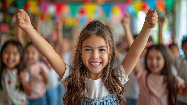 A cheerful teacher leading a group of excited children in fun activities and games in a decorated classroom for Childrens Day