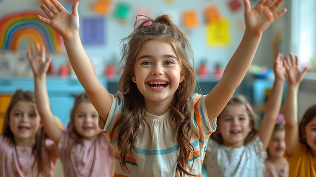 A cheerful teacher leading a group of excited children in fun activities and games in a decorated classroom for Childrens Day