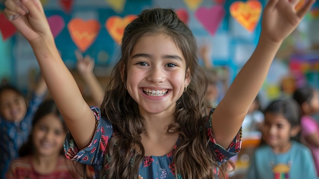 A cheerful teacher leading a group of excited children in fun activities and games in a decorated classroom for Childrens Day