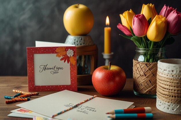 Photo cheerful teachers day scene with decorative items and thank you cards