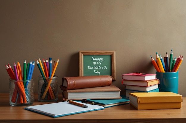 Cheerful Teachers Day Scene with Desk Items and Appreciation Gifts