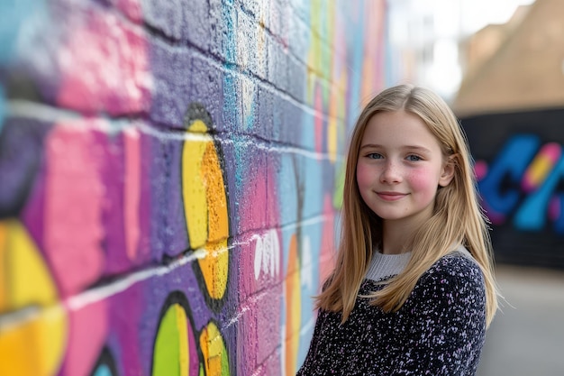 Photo a cheerful teenage girl stands against a vibrant mural showcasing her stylish outfit and radiant smile