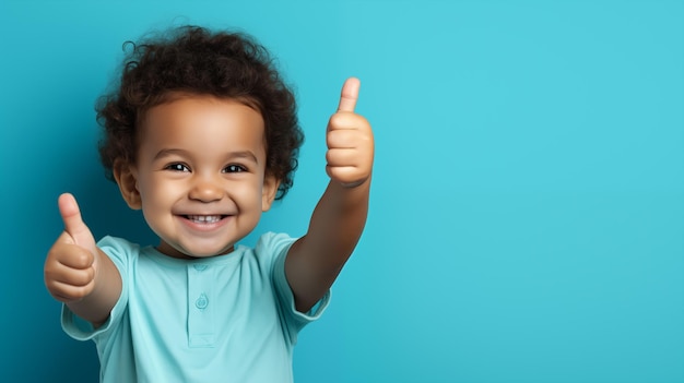 Cheerful toddler giving thumbs up against a blue background