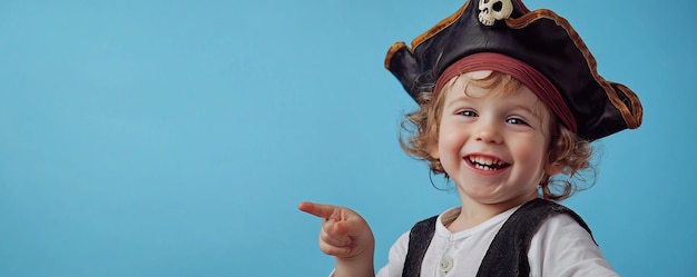 Photo cheerful toddler in pirate hat pointing on blue background for halloween