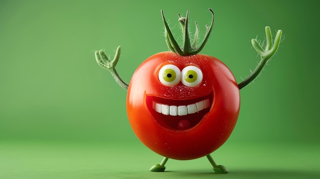 Photo a cheerful tomato with a big smile and googly eyes stands on a green background