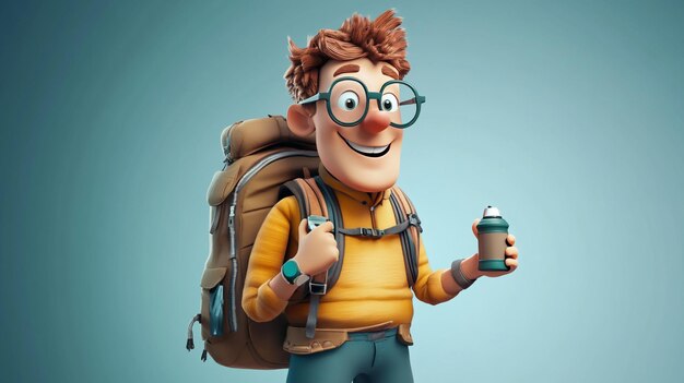 Photo a cheerful traveler with a backpack and drink enjoying an adventure in a bright setting