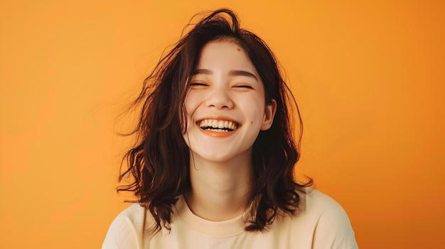 Cheerful and Vibrant Asian Woman39s Portrait with Joyful Laughter on Orange Background