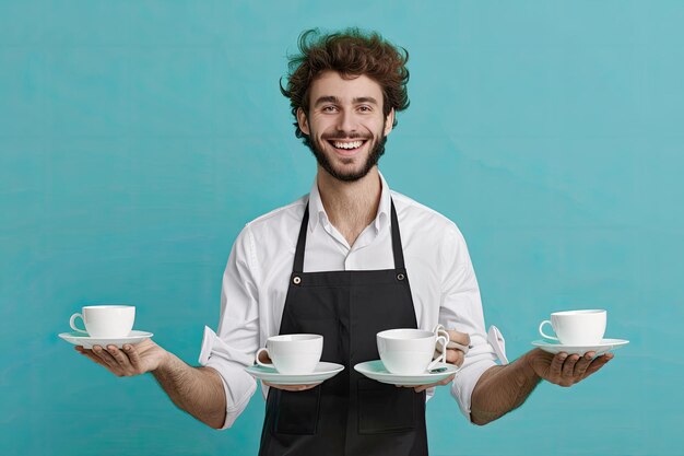 Cheerful waiter with cups