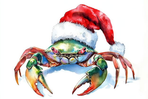 A cheerful watercolor illustration of a crab wearing a Santa hat symbolizing Christmas cheer