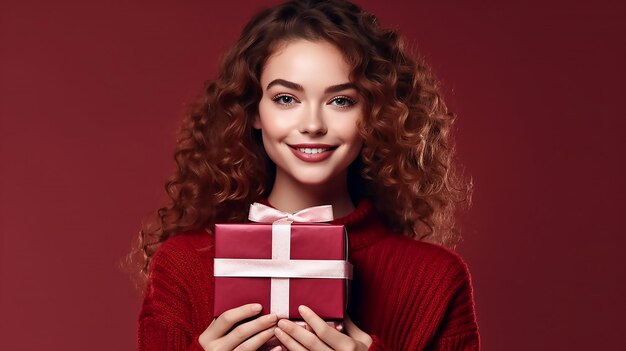 cheerful wavyhaired girl carrying hugging big giftbox isolated on red background