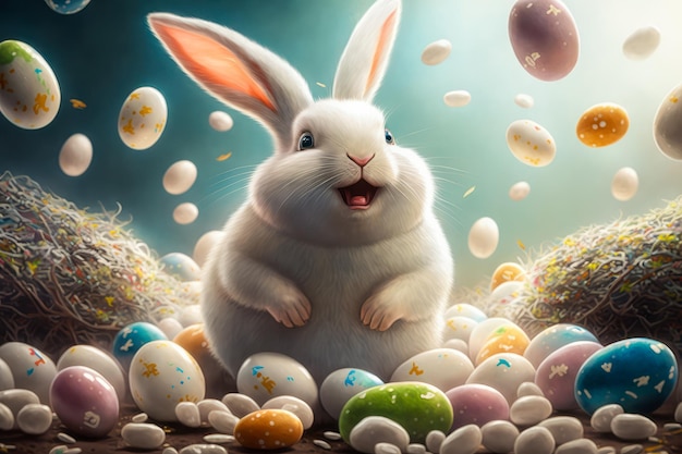 A cheerful white rabbit is sitting surrounded by colorful Easter eggs Generative AI