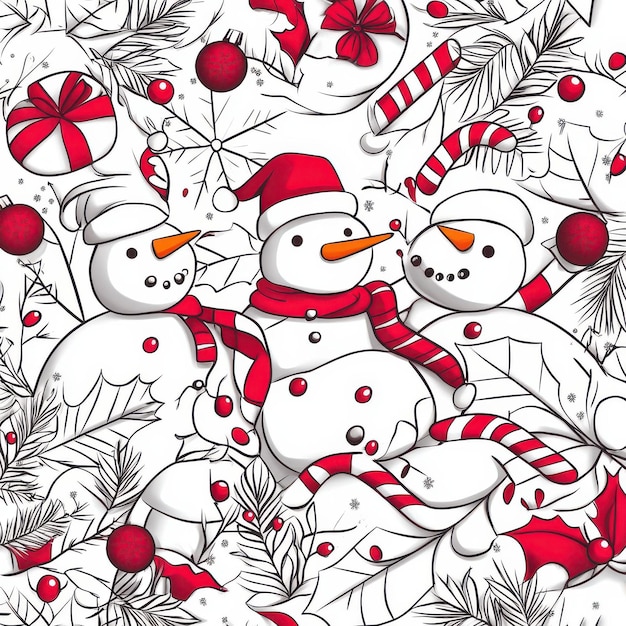 Photo a cheerful winter scene featuring playful snowmen adorned with festive hats and scarves surrounded by holiday decorations creating a joyful christmas atmosphere