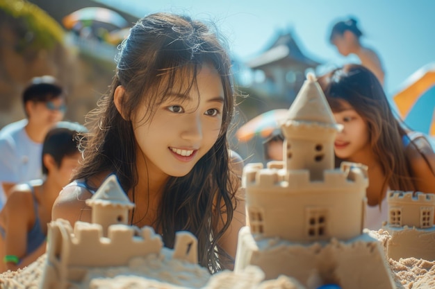 Cheerful Woman Building Sandcastle on Sunny Beach with Friends During Summer Vacation