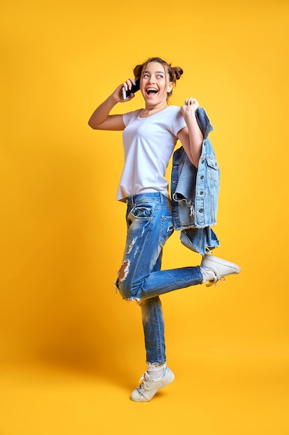 Cheerful woman in casual denim clothes