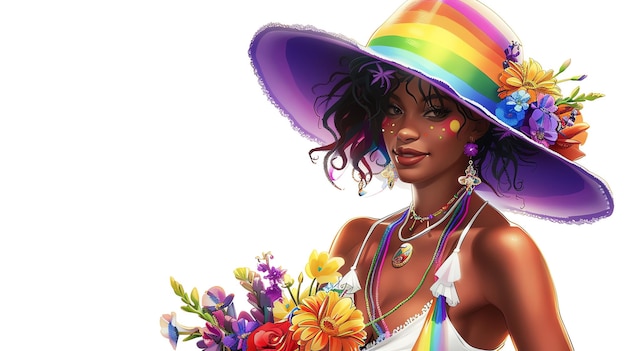 Cheerful woman in a colorful hat and floral dress holding vibrant flowers Concept of happiness and summer vibes