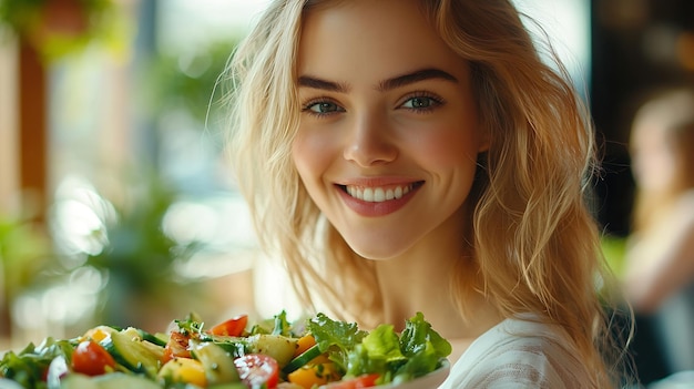 Photo cheerful woman eating vegetable salad generative ai