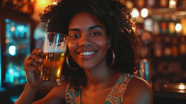 Cheerful Woman Enjoying a Beer